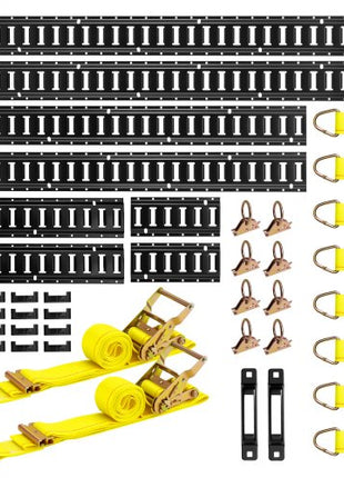 E-Track Tie-Down Rail Kit, 8 Pack (5ft+4ft+2ft+1ft) E Track Rails, 36 Pcs Includes 2 Ratchet Straps & 8 O-Rings & 8 Tie-Offs with D-Ring & 2 Single Slots & 16 End Caps, Fit for Vans Trailers