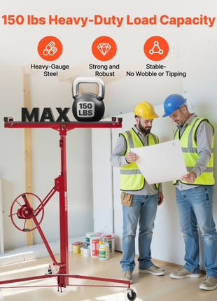 11ft Drywall Lift, Heavy-Duty 150 lbs Sheetrock Hoist with Adjustable Telescoping Arm, Lockable Wheels, Drywall Lifter Panel Jack Hoist Tools Ideal for Ceiling & Wall Installation (Red)