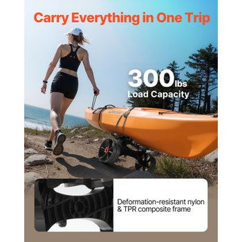 Kayak Cart, 300 lbs Load Capacity, Foldable Kayak Trolley with 10-inch Solid Rubber Tires & 1 Ratchet Strap, Paddle Board Trolley for Carrying Kayaks, Canoes, Paddleboards, Float Mats, Jon Boats