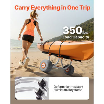 Kayak Cart, 350 lbs Load Capacity, Kayak Trolley with 12-inch Inflatable PU Tires & 2 Straps, Assembles & Disassembles Within Seconds, Paddle Board Trolley for Carrying Kayaks and Canoes