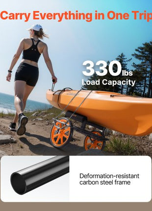 Kayak Cart, 330 lbs Load Capacity, Canoe Cart Dolly with 15-inch Solid Rubber Tires & Kickstand, Assembles & Disassembles Within Seconds, Paddle Board Trolley for Kayaks, Canoes, Paddleboards