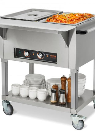 2-Pan Commercial Food Warmer, 2 x 20.6QT Electric Steam Table, 1000W Professional Buffet Catering Food Warmer with 4 Wheels (2 Lockable), Food Grade Stainless Steel Server for Party Restaurant