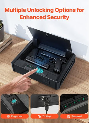 Gun Safe, Heavy Duty Handgun Safe with Fingerprint/Password/Key, 3-Way Quick Access Firearm Case Box with Lighting for 2 Pistols & 2 Magazines, Pistol Gun Box for Nightstand Bedside Desk Car