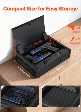 Gun Safe, Heavy Duty Handgun Safe with Fingerprint/Password/Key, 3-Way Quick Access Firearm Case Box with Lighting for 2 Pistols & 2 Magazines, Pistol Gun Box for Nightstand Bedside Desk Car