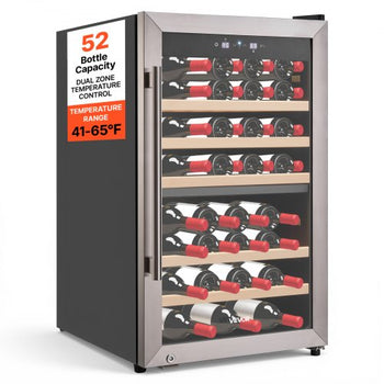 52 Bottle Wine Fridge, Freestanding Wine Cooler Refrigerator, Dual Zone Cooler, 41? to 65? Adjustable Temp Mini Cellar, Glass Door, For Home Office Bar, Red White Champagne or Sparkling Wines