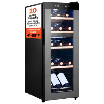 20 Bottle Wine Fridge, Freestanding Wine Cooler Refrigerator, Dual Zone Cooler, 41? to 65? Adjustable Temp Mini Cellar, Glass Door, For Home Office Bar, Red White Champagne or Sparkling Wines