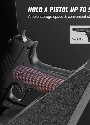 Black gun safe with a Glock 19, designed for firearms up to 9.5", featuring durable material and ample storage space.