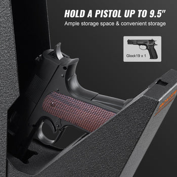 Black gun safe with a Glock 19, designed for firearms up to 9.5", featuring durable material and ample storage space.