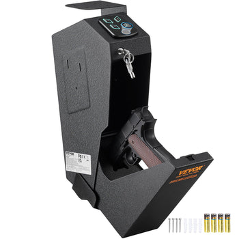 Black steel gun safe with digital keypad, includes mounting screws and batteries, perfect for secure firearm storage.