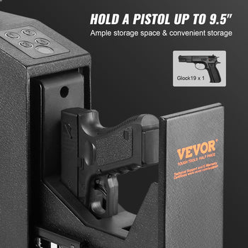 Black gun safe for pistols, holds up to 9.5", with ample storage and convenient access. Includes Glock19 silhouette.