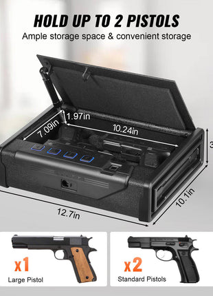 Black pistol storage case with foam interior, holds 2 pistols, dimensions: 12.7"x10.1"x3.46", ideal for secure storage.