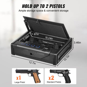 Black pistol storage case with foam interior, holds 2 pistols, dimensions: 12.7"x10.1"x3.46", ideal for secure storage.
