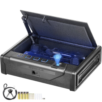 Black gun safe with biometric fingerprint lock, interior LED lighting, and included mounting hardware for secure storage.