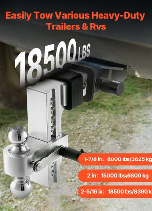 Adjustable Trailer Hitch, 8-Inch Drop Hitch, Tri-Ball Mount for 2.5-Inch Hitch Receiver, Trailer Ball Size 1-7/8", 2" & 2-5/16", Max 18500 lbs Ball Hitch, Towing Hitch for RVs, ATVs, and Trucks