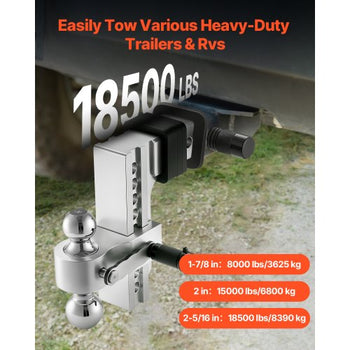 Adjustable Trailer Hitch, 8-Inch Drop Hitch, Tri-Ball Mount for 2.5-Inch Hitch Receiver, Trailer Ball Size 1-7/8", 2" & 2-5/16", Max 18500 lbs Ball Hitch, Towing Hitch for RVs, ATVs, and Trucks