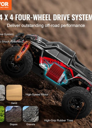 Remote Control Car, 1:10 Scale RC Car for Kids, All Terrain 4WD Off-Road Monster Truck with 45° Wheelie & 2 Batteries, 38 km/h High Speed Hobby Racing Car - Ideal Gift for 8+ Years Kids, IPX4