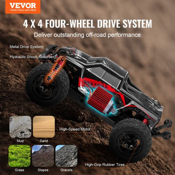 Remote Control Car, 1:10 Scale RC Car for Kids, All Terrain 4WD Off-Road Monster Truck with 45° Wheelie & 2 Batteries, 38 km/h High Speed Hobby Racing Car - Ideal Gift for 8+ Years Kids, IPX4