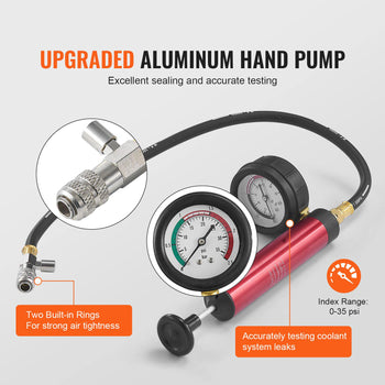 Upgraded red aluminum hand pump with dual gauges for testing coolant pressure, accurate range 0-35 psi, sturdy design.