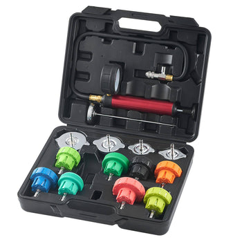 Colorful pressure test kit in black case, featuring red pump, multiple adapters in green, blue, orange, and yellow.