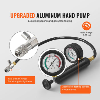 Upgraded aluminum hand pump with gauge, black hose, for accurate coolant system testing, 0-35 psi.