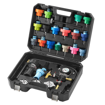 Colorful 17-piece pressure washer adapter kit in black case, featuring various connectors and a pressure gauge.
