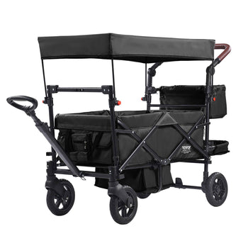 Wagon Stroller for 2 Kids, Push Pull Quad Collapsible Stroller with Adjustable Handle, Encircling Harness Removable Canopy, 4 Wheels with Brakes, Mutifunction Tandem Stroller for Camping Black