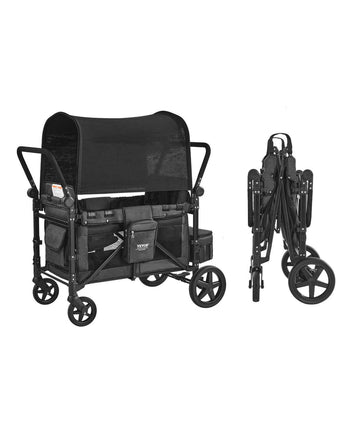 Wagon Stroller for 4 Kids, Push Pull Quad Collapsible Stroller with Adjustable Handle, Safety Harness & Removable Canopy, 4-Seater Stroller Wagon for Camping, Dark Gray & Black (330LBS Loading)