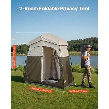 Camping Shower Tent, 2-Room Foldable Portable Privacy Tent Changing Room with Ground Stakes, Ropes, and Carry Bag, 150D Oxford Fabric with Silver Coating, for Camping, Beach, and Fishing