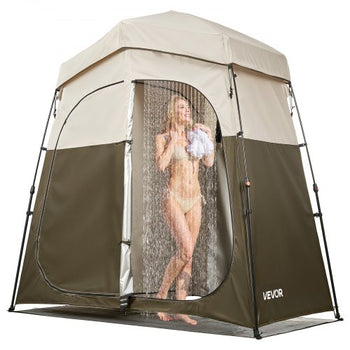 Camping Shower Tent, 2-Room Foldable Portable Privacy Tent Changing Room with Ground Stakes, Ropes, and Carry Bag, 150D Oxford Fabric with Silver Coating, for Camping, Beach, and Fishing
