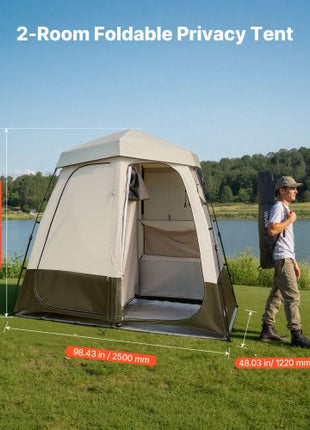 Camping Shower Tent, 2-Room Foldable Privacy Tent Changing Room with Ground Stakes, Ropes, Carry Bag, and Crossbar, 150D Oxford Fabric with Silver Coating, for Camping, Beach, and Fishing
