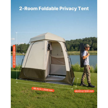 Camping Shower Tent, 2-Room Foldable Privacy Tent Changing Room with Ground Stakes, Ropes, Carry Bag, and Crossbar, 150D Oxford Fabric with Silver Coating, for Camping, Beach, and Fishing