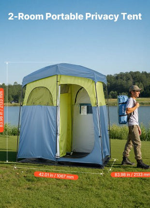 Camping Shower Tent, 2-Room Portable Privacy Tent Changing Room with Shower Bag, Ground Stakes, Ropes, Carry Bag, and Support Poles, 150D Oxford Fabric with Silver Coating, for Camping, Fishing