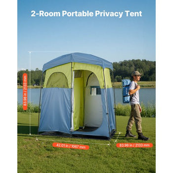 Camping Shower Tent, 2-Room Portable Privacy Tent Changing Room with Shower Bag, Ground Stakes, Ropes, Carry Bag, and Support Poles, 150D Oxford Fabric with Silver Coating, for Camping, Fishing