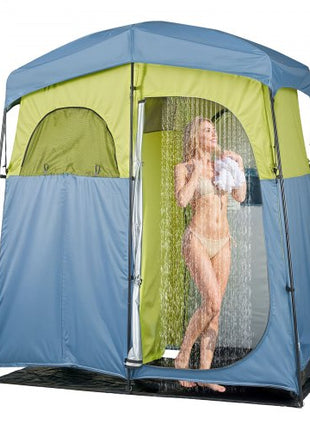 Camping Shower Tent, 2-Room Portable Privacy Tent Changing Room with Shower Bag, Ground Stakes, Ropes, Carry Bag, and Support Poles, 150D Oxford Fabric with Silver Coating, for Camping, Fishing