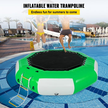 Inflatable Water Trampoline, 10ft Recreational Water Bouncer with Escalator, Round Inflatable Water Trampoline in Green and White, Floating Trampoline for Lakes, Pools, Calm Sea