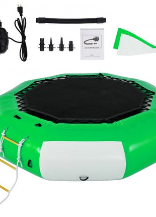Inflatable Water Trampoline, 10ft Recreational Water Bouncer with Escalator, Round Inflatable Water Trampoline in Green and White, Floating Trampoline for Lakes, Pools, Calm Sea