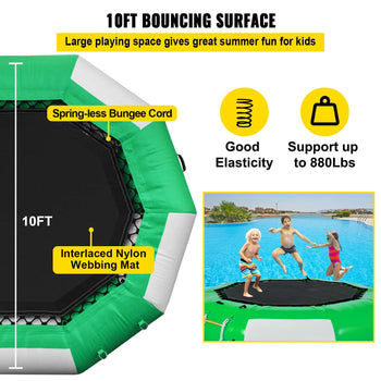 Inflatable Water Trampoline, 10ft Recreational Water Bouncer with Escalator, Round Inflatable Water Trampoline in Green and White, Floating Trampoline for Lakes, Pools, Calm Sea