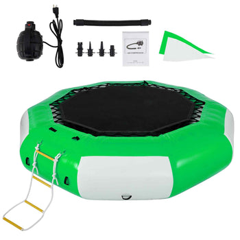 Inflatable Water Trampoline, 10ft Recreational Water Bouncer with Escalator, Round Inflatable Water Trampoline in Green and White, Floating Trampoline for Lakes, Pools, Calm Sea