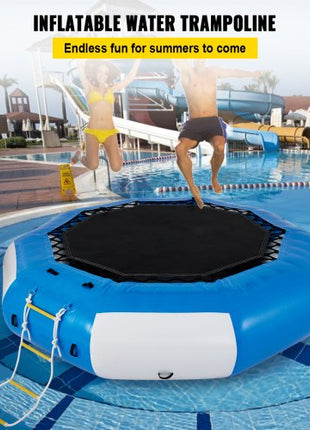 Inflatable Water Trampoline, 13ft Recreational Water Bouncer with Escalator, Round Inflatable Water Trampoline in Blue and White, Floating Trampoline for Lakes, Pools, Calm Sea