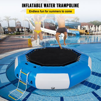 Inflatable Water Trampoline, 13ft Recreational Water Bouncer with Escalator, Round Inflatable Water Trampoline in Blue and White, Floating Trampoline for Lakes, Pools, Calm Sea