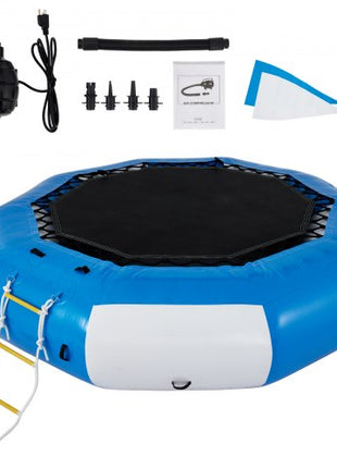 Inflatable Water Trampoline, 13ft Recreational Water Bouncer with Escalator, Round Inflatable Water Trampoline in Blue and White, Floating Trampoline for Lakes, Pools, Calm Sea