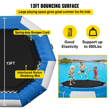 Inflatable Water Trampoline, 13ft Recreational Water Bouncer with Escalator, Round Inflatable Water Trampoline in Blue and White, Floating Trampoline for Lakes, Pools, Calm Sea