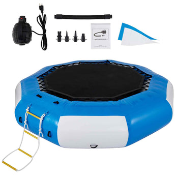 Inflatable Water Trampoline, 13ft Recreational Water Bouncer with Escalator, Round Inflatable Water Trampoline in Blue and White, Floating Trampoline for Lakes, Pools, Calm Sea