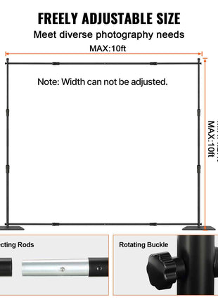 Adjustable black photography backdrop stand, 4.2 to 10ft in size, durable metal construction, versatile for various settings.