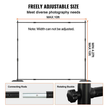 Adjustable black photography backdrop stand, 4.2 to 10ft in size, durable metal construction, versatile for various settings.