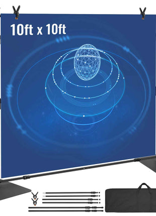 10x10ft adjustable backdrop stand with blue graphic design, sturdy black metal frames, and portable carrying bag.