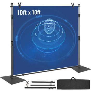 10x10ft adjustable backdrop stand with blue graphic design, sturdy black metal frames, and portable carrying bag.