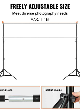 Adjustable photography backdrop stand, black metal, max height 11.48ft, perfect for studio or event use.