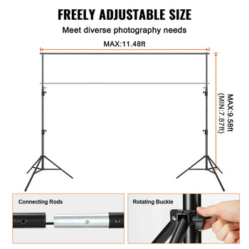 Adjustable photography backdrop stand, black metal, max height 11.48ft, perfect for studio or event use.
