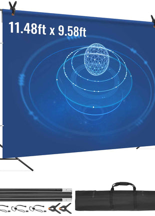 Blue backdrop with abstract design, measuring 11.48ft x 9.58ft, includes adjustable stand and carrying bag.